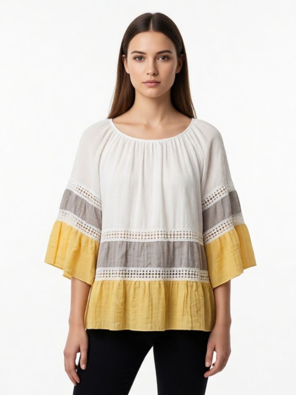 Kaktus Tiered Color Block Peasant Top M Crochet Off-Shoulder Bell Sleeve Boho